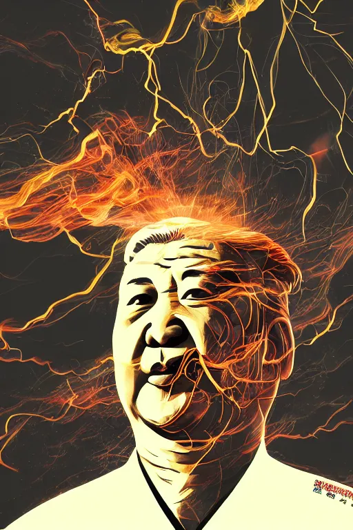 Image similar to detailed illustration, xi jinping as a 1 9 8 0 s wrestling action figure, 习 近 平, ultra realistic, dramatic lighting, thick black swirling smoke tornado, artstation