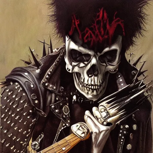 Prompt: a portrait of the grim reaper as a punk rocker, punk, skeleton face, mohawk, dark, fantasy, leather jackets, spiked collars, spiked wristbands, piercings, boots, guitars, motorcycles, ultrafine detailed painting by frank frazetta and vito acconci, detailed painting