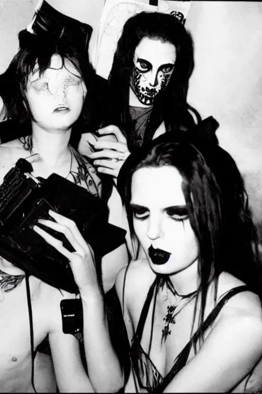 Prompt: sad goths in a dirty hotel room using computers, 1990s photograph