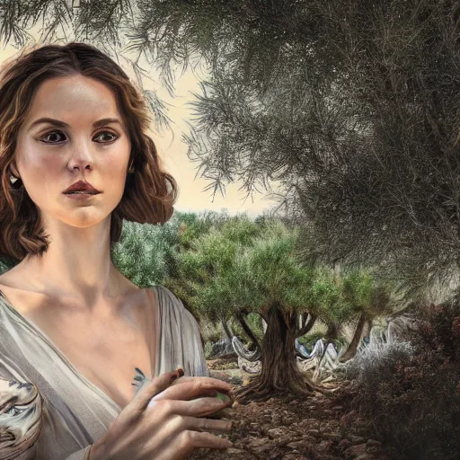 Image similar to portrait of ancient young beautiful woman on earth between olive trees and doves of peace in primeval waters, dynamic lighting, cinematic, establishing shot, extremely high detail, photo realistic, cinematic lighting, oil painting, intricate line drawings