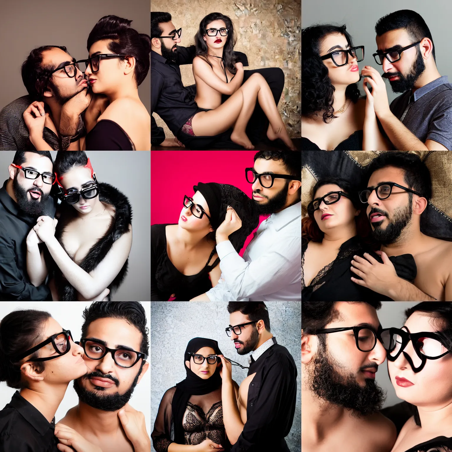 Prompt: passionate boudoir photoshoot of a young ducktail bearded middle eastern american male with wayfarer glasses and a young hyderabadi muslim woman with cat eye glasses and short black hair