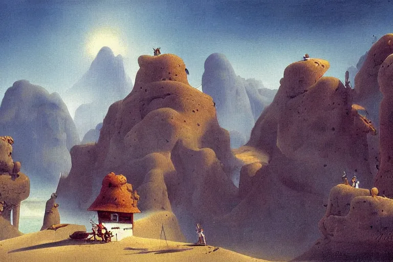 Image similar to A bizarre, landscape in the style of Dr. Seuss, painting by Raphael Lacoste