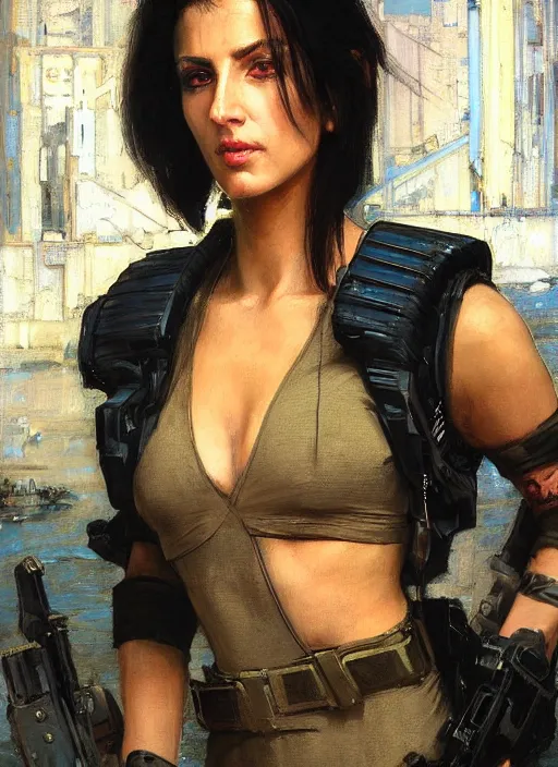 Image similar to Nikki. dangerous beautiful cyberpunk female USN marine wearing a military vest and military jumpsuit (cyberpunk 2077, bladerunner 2049). gorgeous face. Iranian orientalist portrait by john william waterhouse and Edwin Longsden Long and Theodore Ralli and Nasreddine Dinet, oil on canvas. Cinematic, hyper realism, realistic proportions, dramatic lighting, high detail 4k