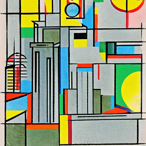 Image similar to by johannes itten haunting. print. a cityscape. the different colors & shapes represent different parts of the city.