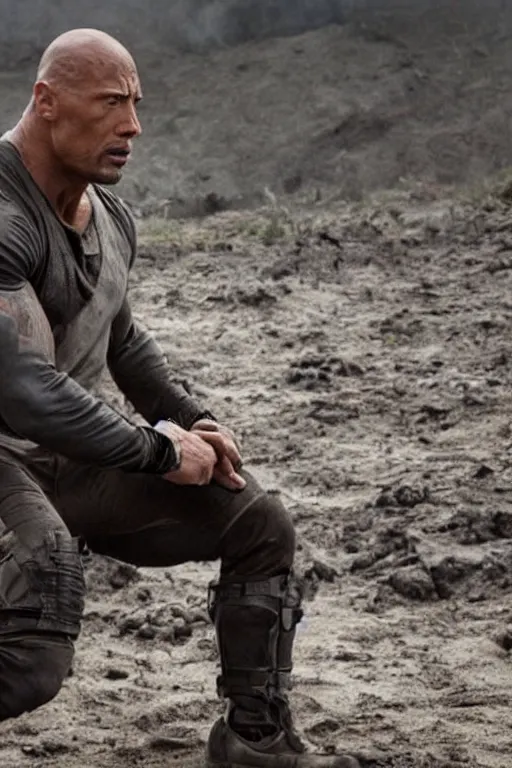 Image similar to An epic cinematic film still of Dwayne Johnson in a movie directed by Denis Villeneuve.