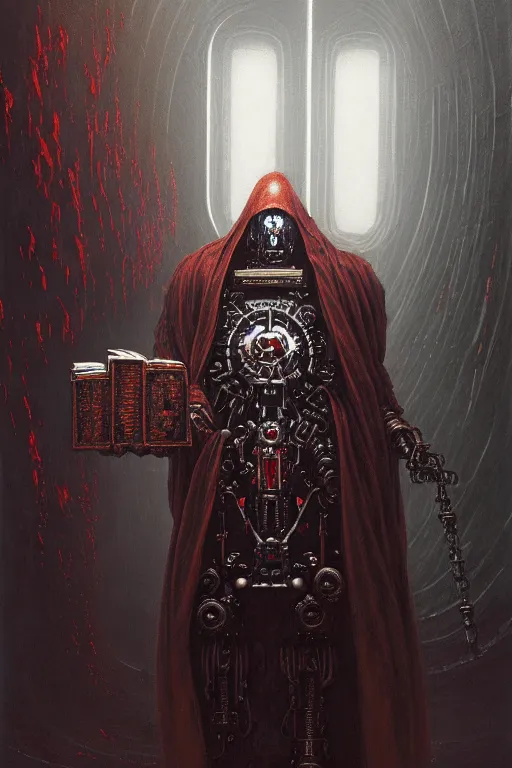 Image similar to painting of a cloaked tech priest holding a book, adeptus mechanicus!!!, cybernetic enhancements attached to his body, praise the omnissaiah, zdzislaw beksinski, lewis jones, mattias adolfsson, warhammer 4 0 k!!, cold hue's, warm tone gradient background, concept art, digital painting