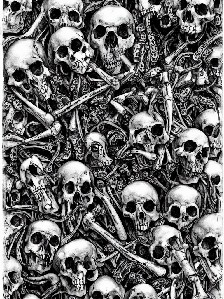 Image similar to Hyper-realistic black and white Valentine's Day card made of skulls and bones by H.R. Giger