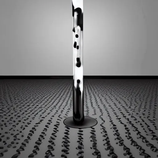 Prompt: a black abstract 3D object out of pipes on a white background dripping on the floor by David McLeod, Blender Render, Transparent, Holographic