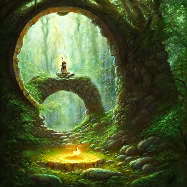 Image similar to Fantasy Magical fairy-tale stone portal in the forest. Round stone portal teleport in trees to other worlds. Fantastic landscape. Magic Altar in the fores, highly detailed, digital painting, artstation, concept art, smooth, sharp focus, illustration, art by artgerm and greg rutkowski and alphonse mucha