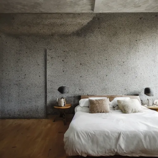 Image similar to concrete brutality bedroom interior, moss lining the walls, morning sunlight