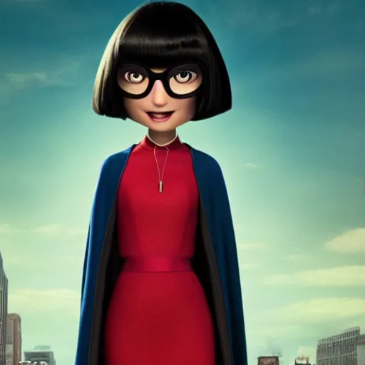 Prompt: a still of Edna Mode wearing a cape and looking unhappy about it, Pixar (2018)