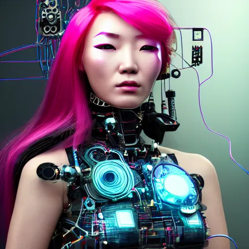 Image similar to portrait of a beautiful mongolian woman with pink hair as a cyberpunk cyborg half robot, revealing wires and electronics, hooked - up, sci - fi, missing panels, intricate abstract upper body intricate artwork, concept art, octane render, deviantart, cinematic, key art, hyperrealism, iridescent accents, portrait photograph, nikon 3 5 mm, photograph by greg rutkowski