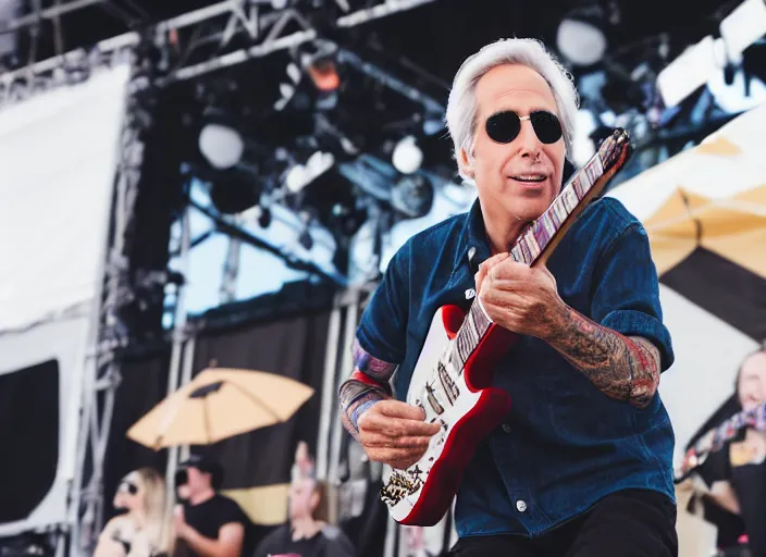 Image similar to photo still of henry winkler on stage at vans warped tour!!!!!!!! at age 3 3 years old 3 3 years of age!!!!!!!! shredding on guitar, 8 k, 8 5 mm f 1. 8, studio lighting, rim light, right side key light