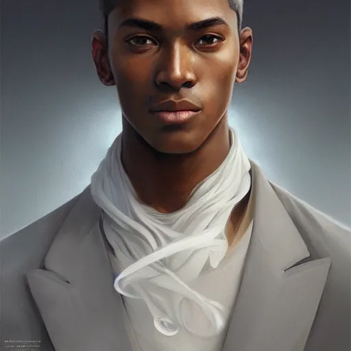 Image similar to ultra realistic illustration, young man with dark gray skin, short white hair, intricate, elegant, highly detailed, digital painting, artstation, concept art, smooth, sharp focus, illustration, art by artgerm and greg rutkowski and alphonse mucha