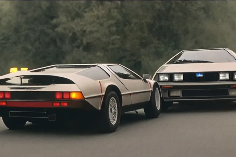 Prompt: vintage archival race footage of a single delorean, with elements of the De Tomaso Pantera, Lotus, GT40, BMW M1, and Countach, movie still, speed, cinematic Panavision 5384 film