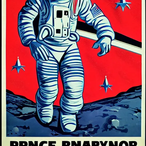 Image similar to space program propaganda poster, astronaut, soviet propaganda style