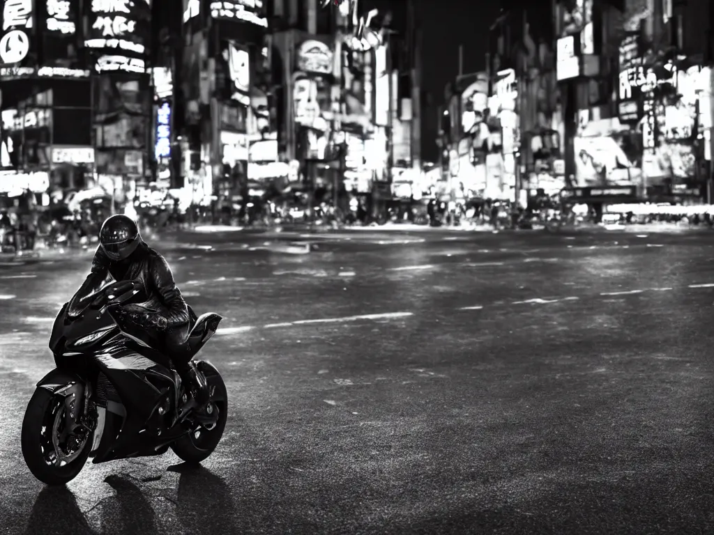 Prompt: a Photorealistic hyperdetailed hyper realistic dramatic moody Low angle night time close up render of a lone biker speeding on a GSX R1000 in the middle of busy shibuya crossing Tokyo,multiple long light trails,Beautiful dramatic moody tones and lighting,cinematic atmosphere,photorealism,8K