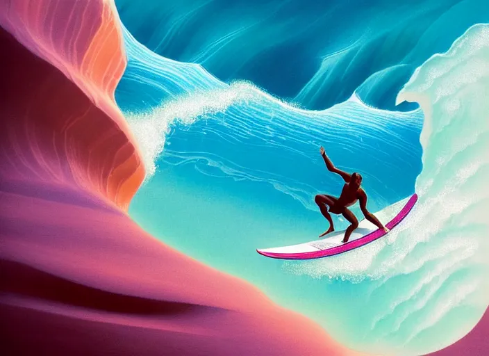 Prompt: a beautiful digital painting of a Duke Kahanamoku surfing a dangerous white and royal blue tsunami at Antelope Canyon on a chic surfboard at Pamukkale, thermal waters flowing down gold travertine terraces by greg rutkowski, award winning photo, ethereal and dreamy pink clouds, trending on artstation, highly detailed, unreal engine, octane render