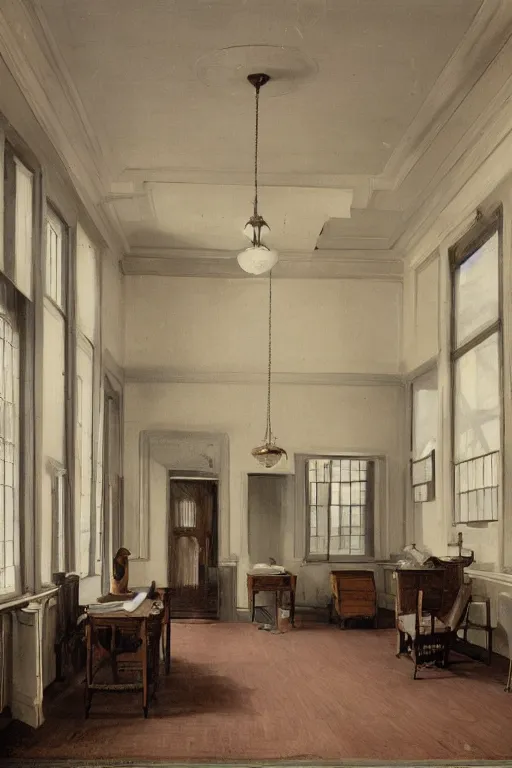 Prompt: victorian clinic interior, clean, matte painting, by Isaac Levitan and Asher Brown Durand