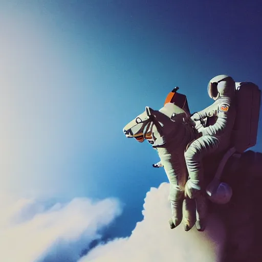 Image similar to iPhone photograph of an astronaut riding a Pegasus over the clouds