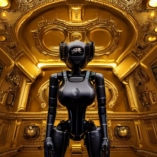 Image similar to octane render, a complex high poly cinematic 3 d model of a giant robotic android woman made out of porcelain with golden grout, jewel tone glowing eyes, fiber optic hair, inside a black rococo palace, 8 k, unreal enging, cinema 4 d, cinematic angle