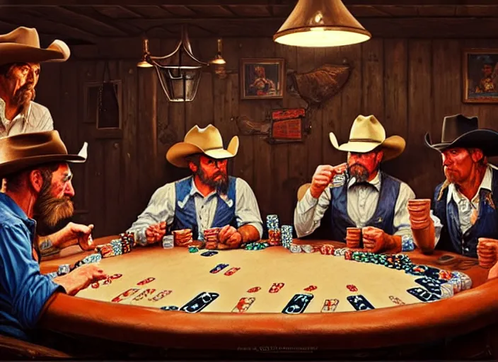 Image similar to cowboys playing poker in a saloon, by Mandy Jurgens, trending on artstation, Richard Schmid and norman rockwell