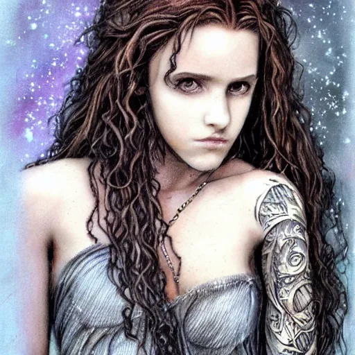 Image similar to dressed Hermione Granger in tattoos, by luis royo, beautiful gown, beautiful eyes, Beautiful face, by Aggi Erguna, high detail, high resolution