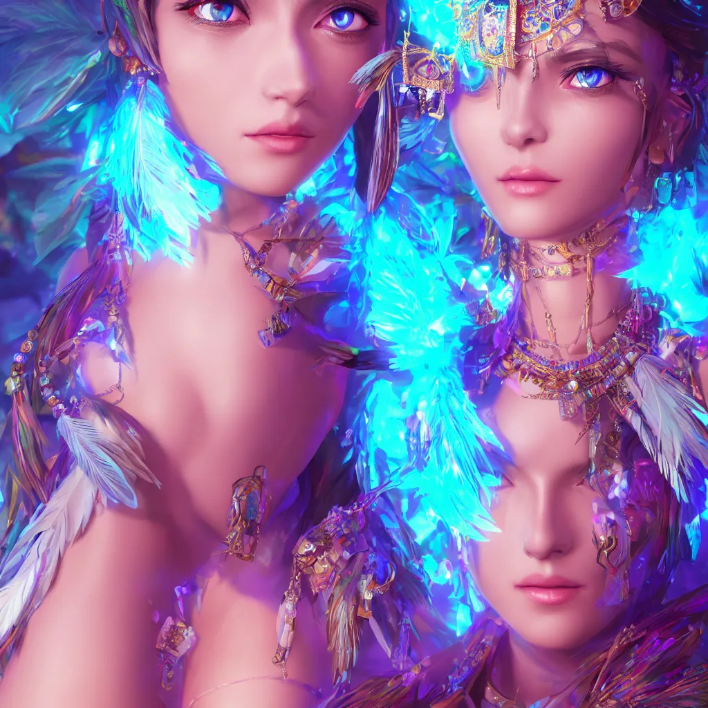 Image similar to portrait highly detailed beautiful symmetrical face high priestess intricate elegant detailed crystal jewellery with tribal feathers, lush colourful volumetric lighting, anime digital painting, concept art, smooth, sharp focus 3 d, divine realm of gods, realistic cinematic style, octane render, photographic, unreal engine 8 k