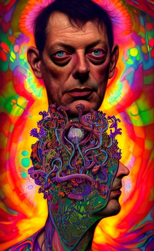 Prompt: An extremely psychedelic portrait of larry harvey, colorful, surreal, dramatic lighting, magic mushrooms, psilocybin, LSD, face, detailed, intricate, elegant, highly detailed, digital painting, artstation, concept art, smooth, sharp focus, illustration, art by Krenz Cushart and Artem Demura and alphonse mucha