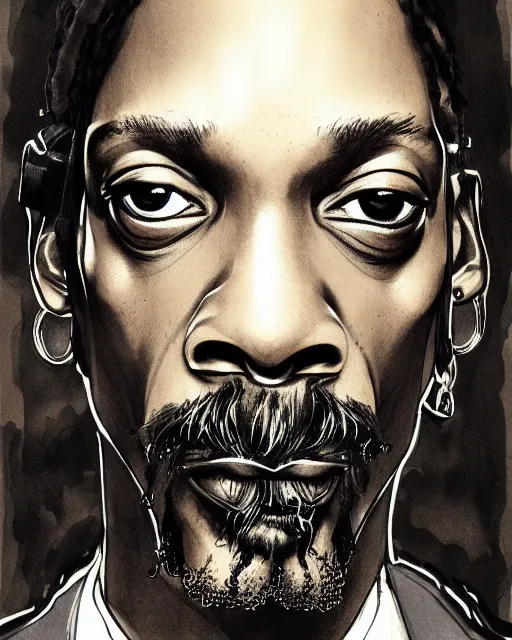 Image similar to portrait of snoop dogg, concept art, sumi - e style, intricate linework, artstation, trending, highly detailed, smooth, focus, art by yoji shinkawa,