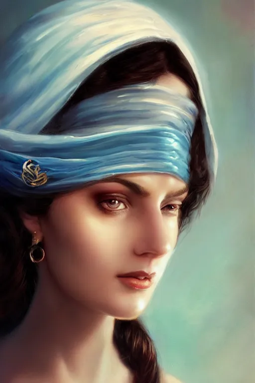 Prompt: ameera al taweel woman , bright blue eyes, wavy black hair, white veil, closeup, cinnamon skin color, elegant, highly detailed, centered, oil painting, artstation, concept art by tom bagshaw