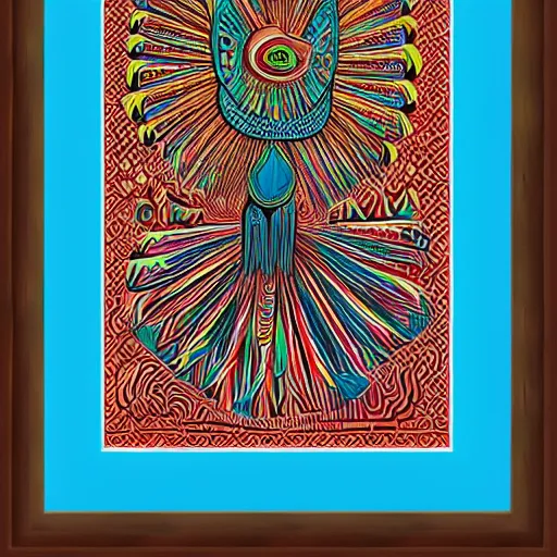 Prompt: a bird rising above the flames, mexican folk art, native american folk art, relief engraving, framed art, intricate abstract, mild expressionism, award winning