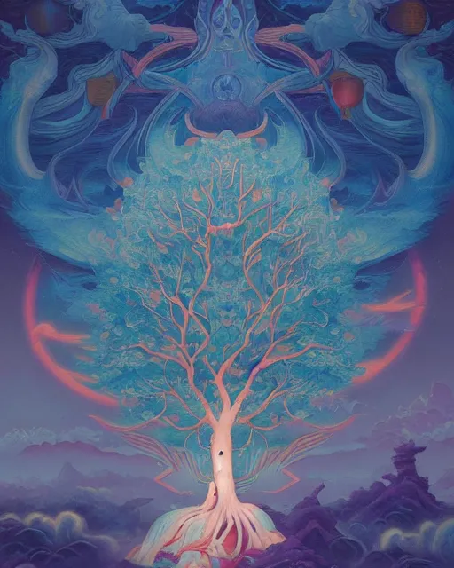 Prompt: astral tree wallpaper, chinoiserie pattern, peter mohrbacher, alena aenami