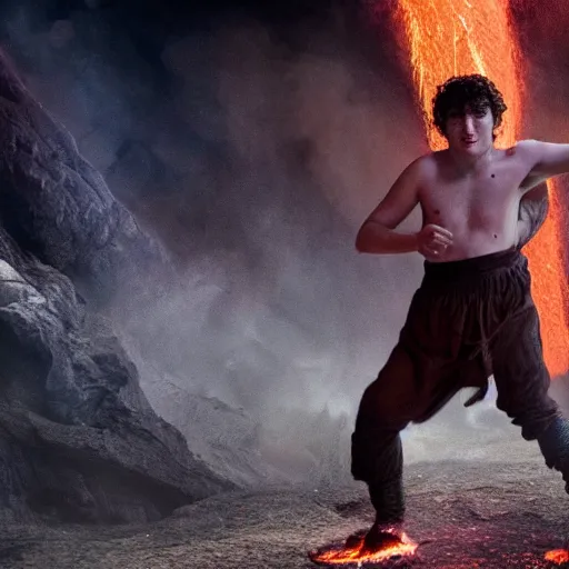 Image similar to frodo baggins wrestles with golumn inside a fiery volcano on the netflix series arcana, very very detailed