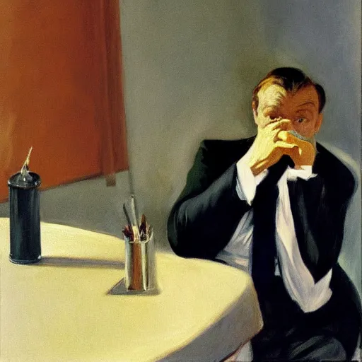 Prompt: A portrait of James Cagney smoking a cigar in a busy hotel lobby, painting by Edward Hopper and John Singer Sargent