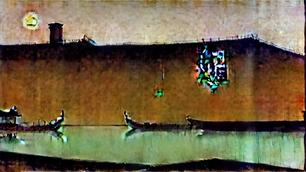 Image similar to a chinese prison near a river by peter doig, muted colors