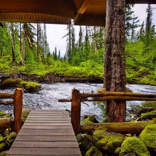 Prompt: Lodge in the Pacific Northwest forest, creek, wooden bridge, waterfall, hdr photo, award winning photo, ultrawide