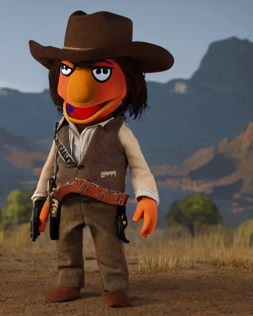 Image similar to john marston as a muppet. highly detailed felt. hyper real photo. 4 k.