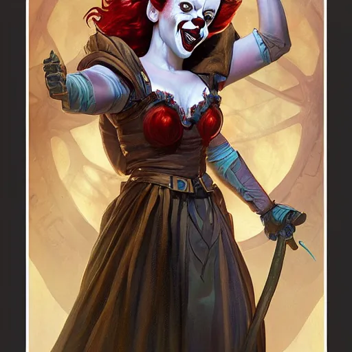 Prompt: an epic fantasy comic book style full body portrait painting of pennywise. d & d. fantasy. intricate. elegant. highly detailed. digital painting. artstation. concept art. matte. sharp focus. illustration. art by artgerm and greg rutkowski and alphonse mucha