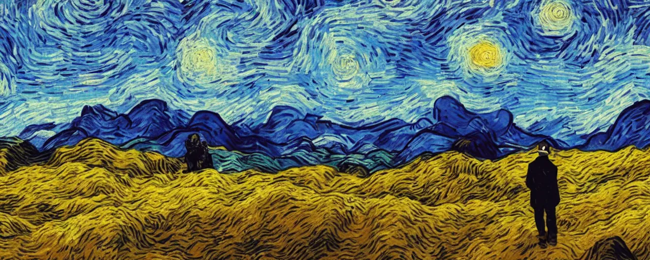 Image similar to landscape, mountain range in foreground, sky, style of Van Gogh starry night, atmospheric, cinematic, digital art, small man in center standing on mountain, mist in valleys