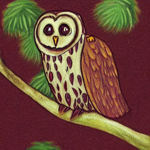 Image similar to owl with transverse flute sitting on a tree, concept art