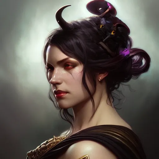 Image similar to , portrait of an dark hot tiefling, D&D, fantasy, intricate, elegant, highly detailed, digital painting, artstation, concept art, smooth, sharp focus, illustration, art by artgerm and greg rutkowski and alphonse mucha