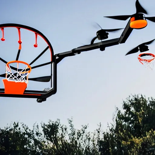 Image similar to flying drone with basketball hoop and backboard on drone body