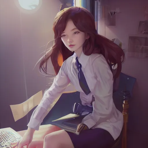 Image similar to a beautiful detective girl sitting in her office | | cute - fine - face, pretty face, fine details by stanley artgerm lau, wlop, rossdraws, james jean, andrei riabovitchev, marc simonetti, and sakimichan, trending on artstation