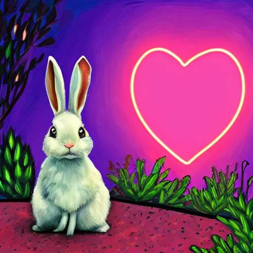 Image similar to a painting of a rabbit in the shrubs at night with a pink neon heart above it, a digital painting by Melissa Benson, behance contest winner, art on instagram, digital painting, retrowave