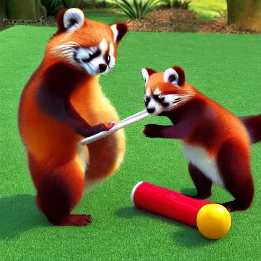 Prompt: very cute friendly happy high energy red pandas at a garden party playing croquet, artwork by Don Bluth, 3D render, UE5, 8K, 4K