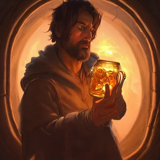 Image similar to man holding he's soul in a jar portrait, backlight, rim lighting, deep focus, d & d, fantasy, intricate, elegant, highly detailed, digital painting, artstation, concept art, matte, centered, sharp focus, illustration, hearthstone, art by artgerm, greg rutkowski and alphonse mucha