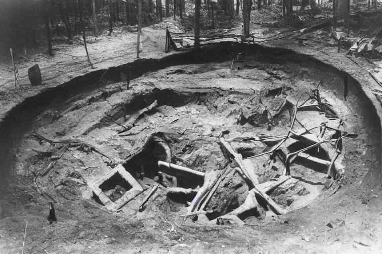 Prompt: black and white 1 9 3 0 s photograph the of a giant demon arm sticking out of a deep gigantic circular construction pit in pennsylvania woods in june, smoke, mist, human bodies, bent rebar, broken concrete, shovels, ominous, chaotic, grainy film