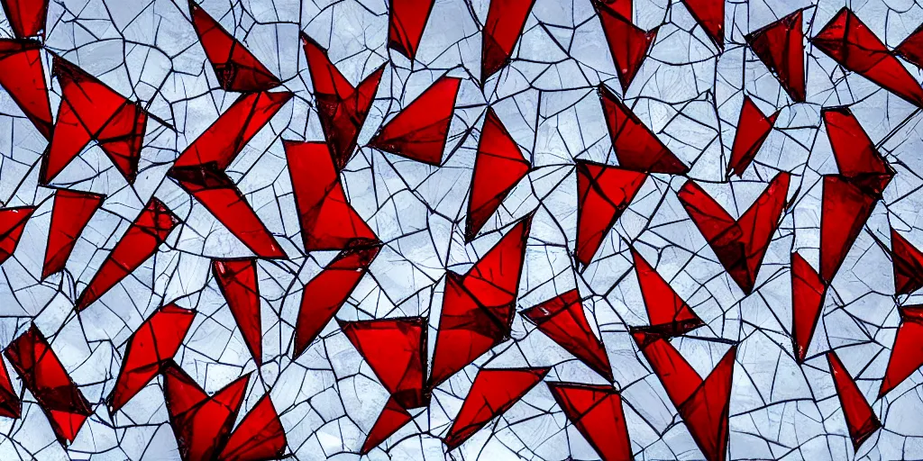 Prompt: irregular fractals of cardinals, segmented broken glass shards, motion blur, distortion