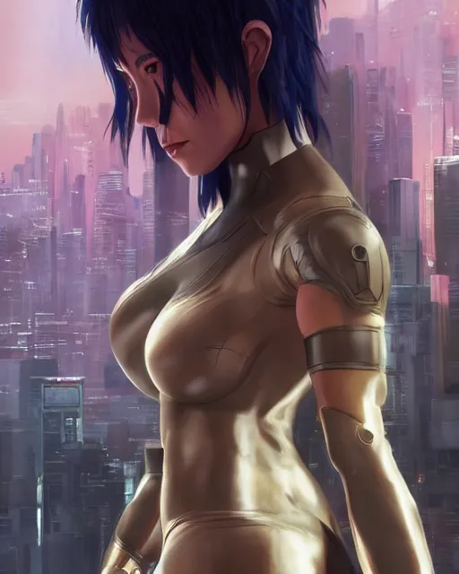 Image similar to weta disney pixar movie still portrait photo of motoko kusanagi ghost in the shell : : as cyborg woman by pixar : : by weta, wlop, ilya kuvshinov, rossdraws, artgerm, marvel, maxim cover, latex, octane render, sweaty, iridescent, bright morning, anime, liosh, mucha : :